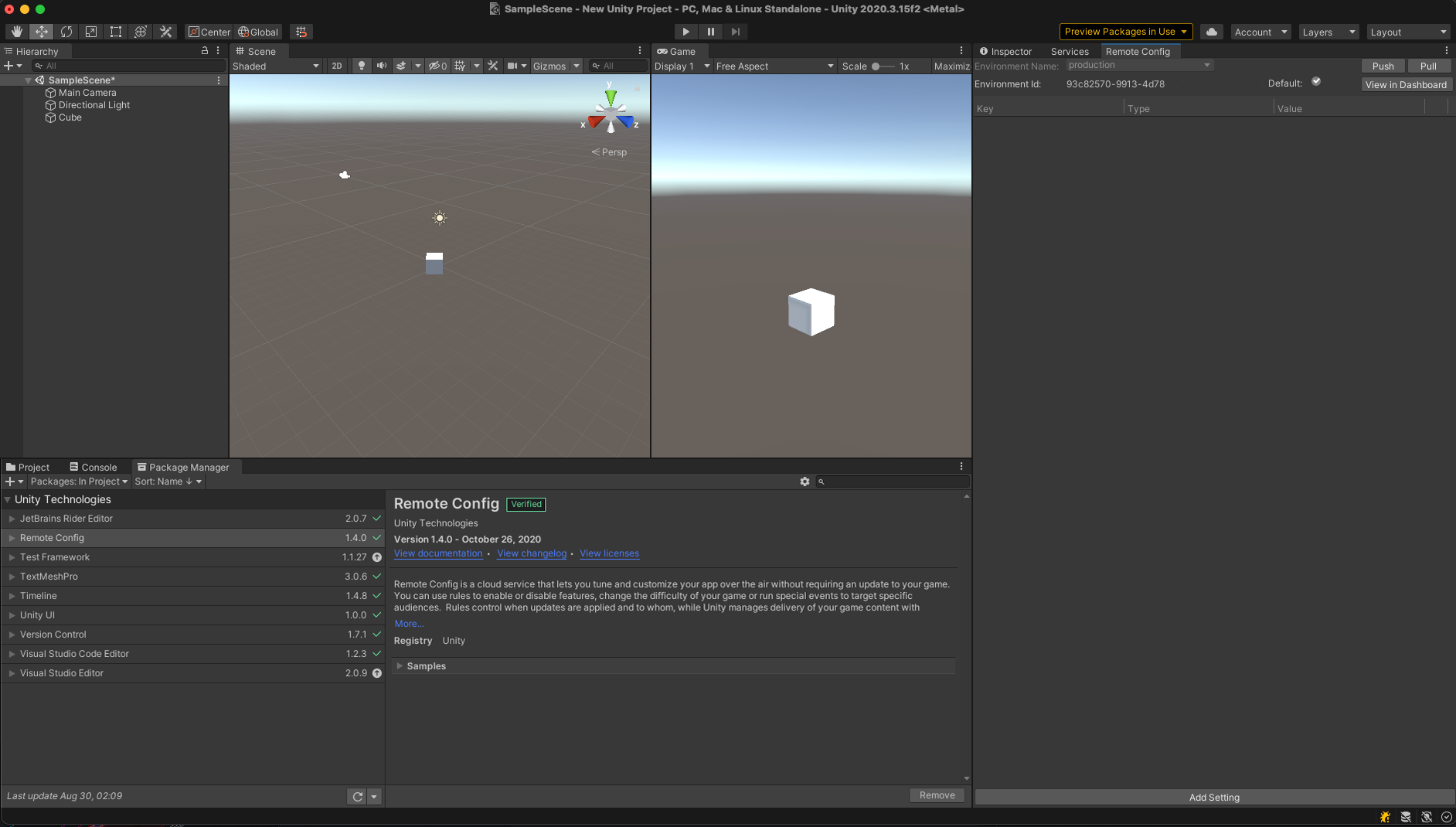 Navigating to the Remote Config window in the Unity Editor.