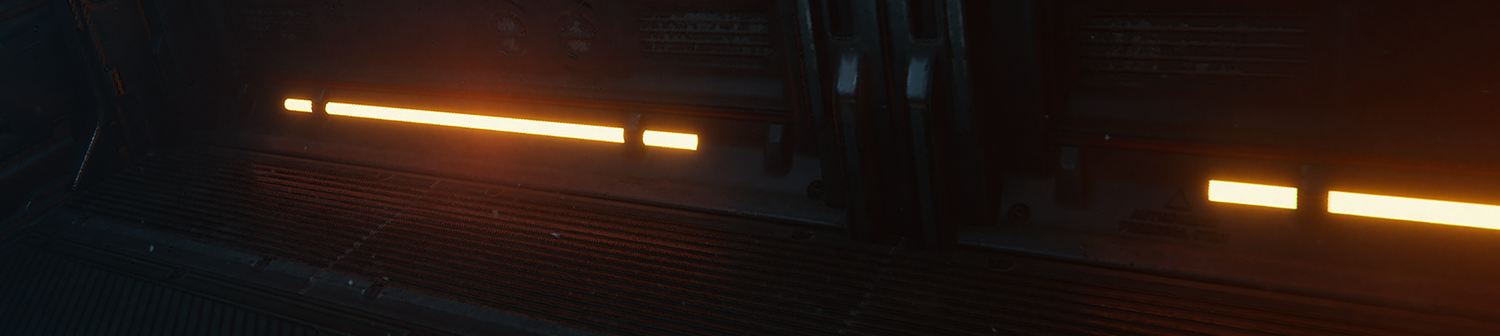 Two glowing strip lights in a very dark industrial environment.