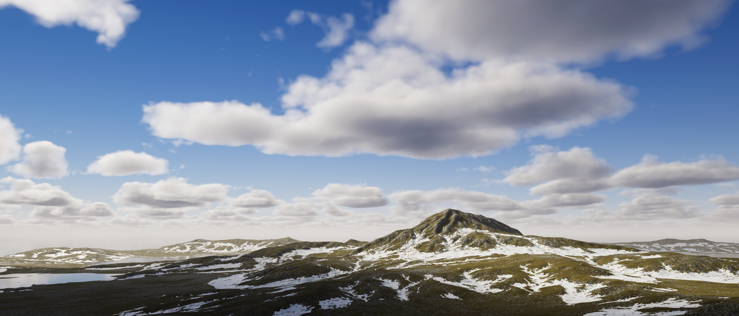 A vast snowy mountainous landscape, with large fluffy white and grey clouds in a clear blue sky.
