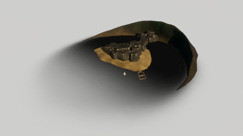 An island scene, with a gradient texture that represents the simulation band changing as the water approaches the island.