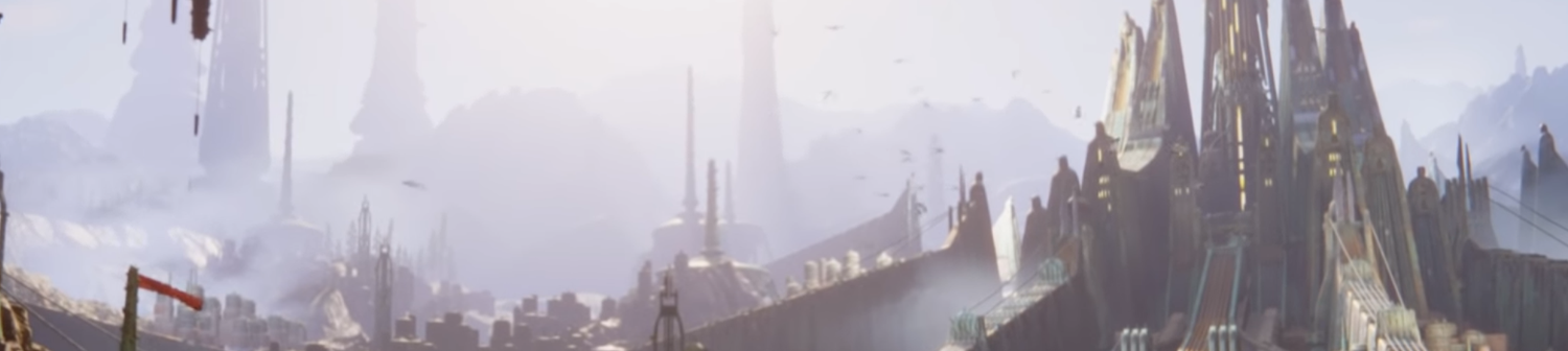 A futuristic cityscape with fog obscuring the distant buildings.