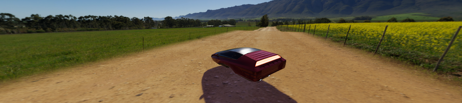 A stylized car floating on a dirt road in a vast plain.