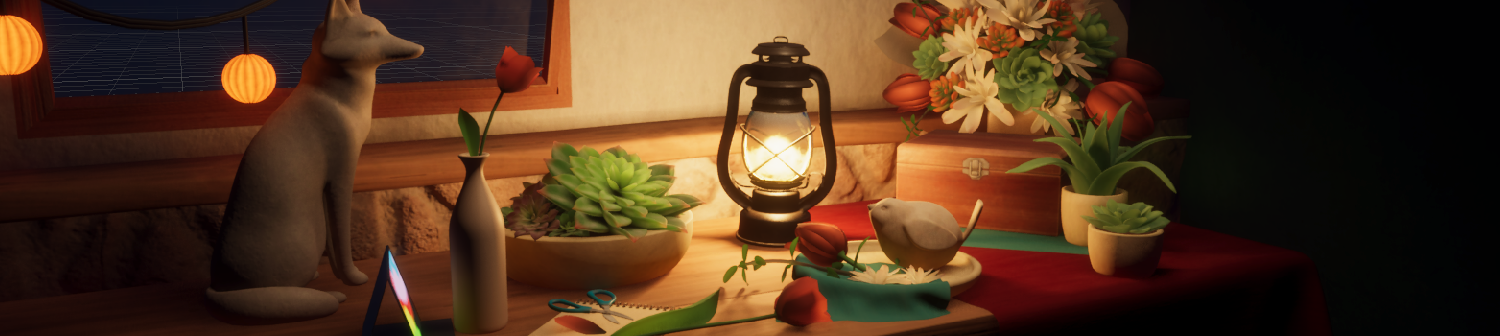 A stylized scene of a desk with plants and clay figures, lit warmly.