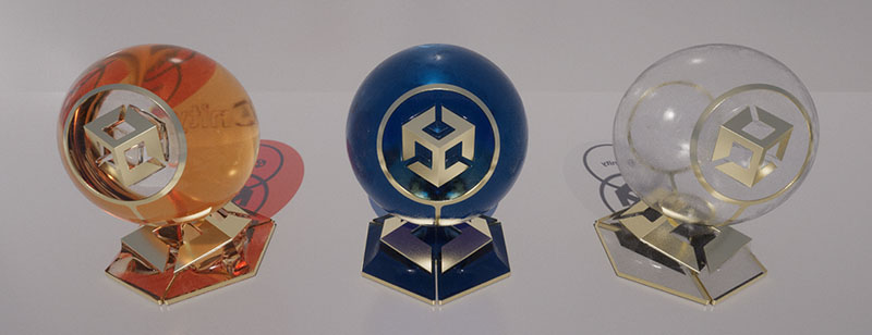 From left to right, a GameObject with Sphere, Box, and Thin mode with path tracing enabled.