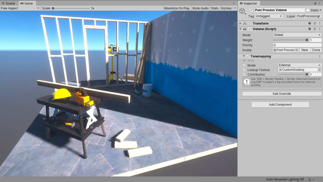 Unity scene with the Tonemapping effect that uses a lookup texture created in Photoshop.