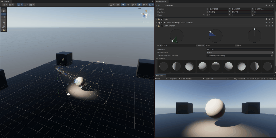 The Light follows the sphere GameObject in the scene as it rotates.