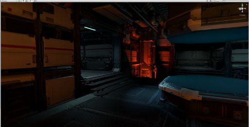An interior room with a spaceship, darkly lit with a red spotlight in the corner.
