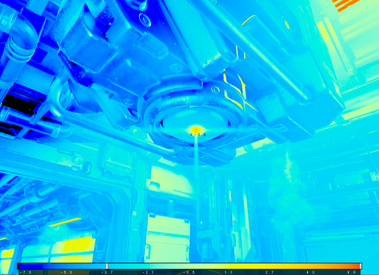A scene of spaceship machinery with a heat map of the scene luminance. The majority of the scene is in various shades of blue, with yellow on areas underneath the lights and a few orange marks. Blue indicates a lower value and orange indicates a higher value.