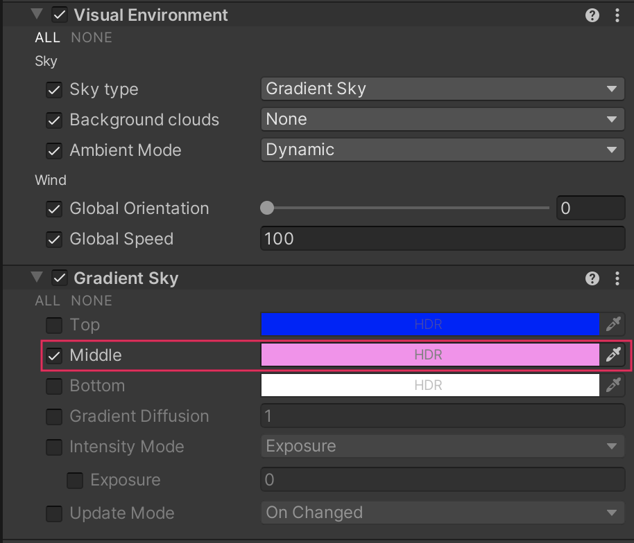 The Gradient Sky override with the Middle property highlighted.