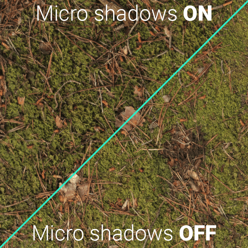 A ground texture with micro shadows enabled and disabled. With micro shadows enabled, the twigs and moss cast more realistic-looking shadows.