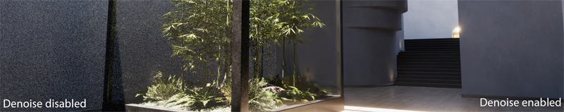 Vegetation in a display case in a room, shown with denoising both enabled and disabled.