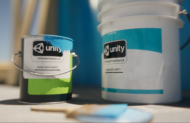 Two paint pots with a depth of field effect that makes surfaces increasingly blurry towards and away from the camera.