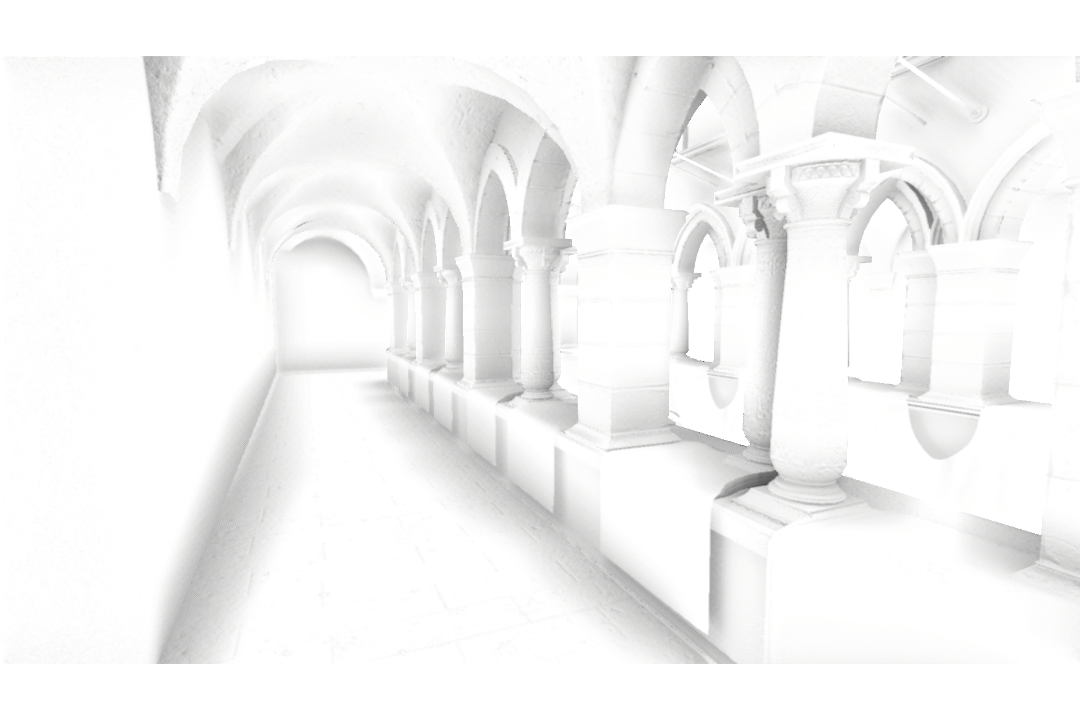 A single-channel screen space ambient occlusion texture of a gothic corridor. The scene is white with shades of grey representing corners and crevices.