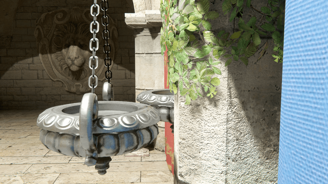 A stone temple scene with contact shadows. Foliage and dark corners have more shadows.