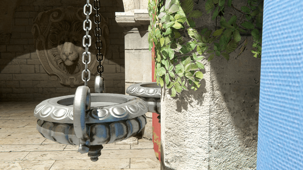 A stone temple scene with ray-traced contact shadows. Foliage and dark corners have even more shadows.