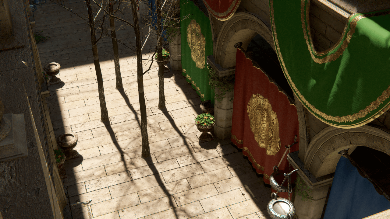 A scene with a Directional Light cascade shadow map, where the Sun Angle is 0.53 which is the angle of the Sun as seen from Earth. The shadows are visible and the details are faint.