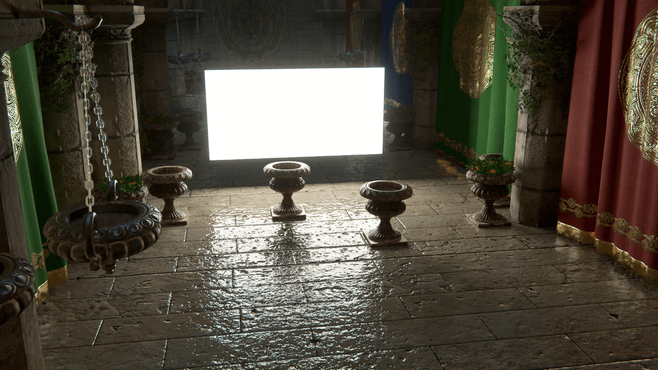 An outdoor scene with ray-traced Rectangle Light shadows.