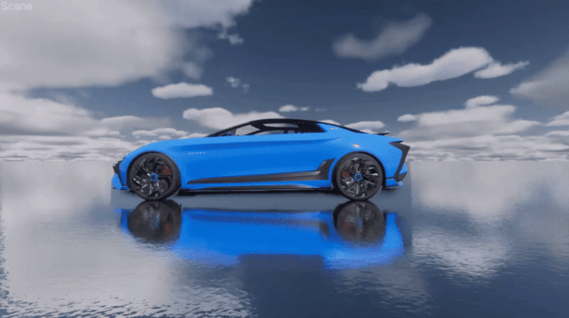 Example: This image uses the Speed From Reflected Surface property to accumulate the samples from the car and partially accumulate the samples from the sky. This makes the car and its reflection appear green, and the surface that reflects the sky appear orange.