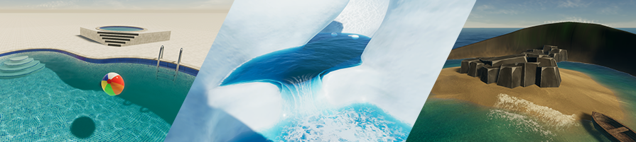 Water sample scenes. A swimming pool, a glacier with a waterfall, and a small island.