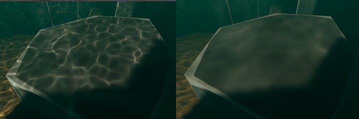 On the left, caustics with the simulation band set to Ripples. On the right, caustics with the simulation band set to Swell First Band.