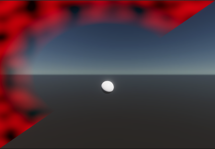 A view of a sphere, with a red fog post-processing effect that covers only part of the display.