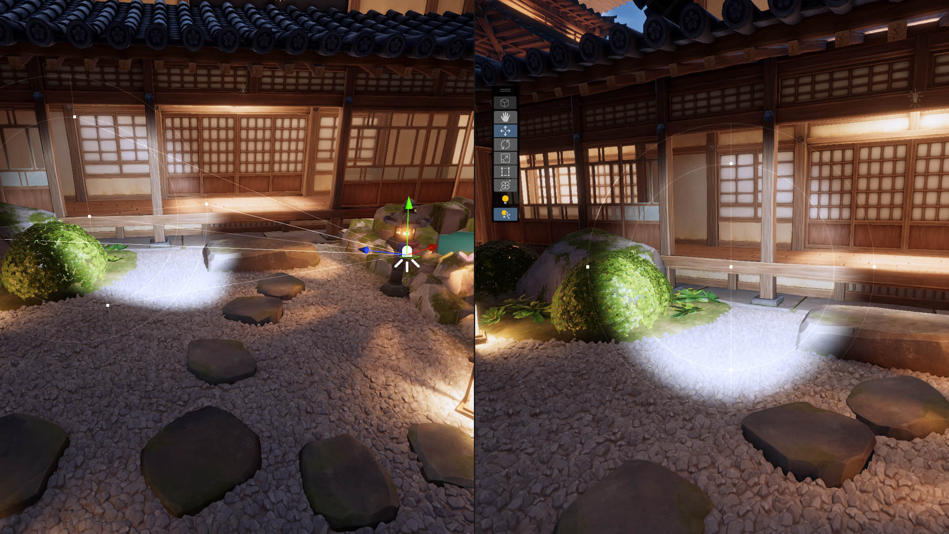 A garden scene. On the left, the default Scene view. On the right, the view from the light.