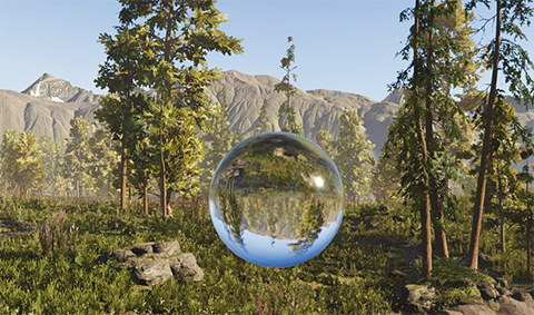 A scene with a translucent sphere floating in a forest.
