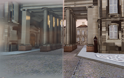 Comparison image of two outdoor scenes. In the first image, a refraction effect is visible. In the second image, the colours appear normal.