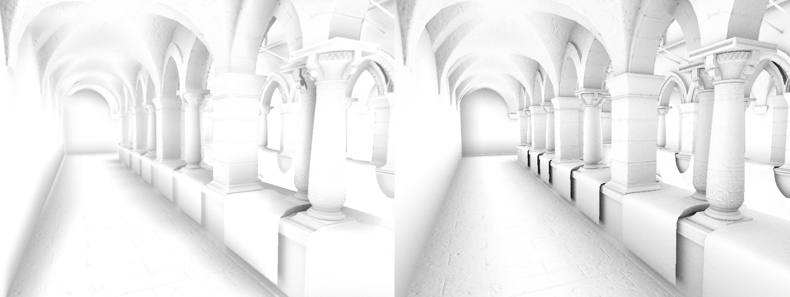 A single-channel occlusion texture of a gothic corridor. The screen space ambient occlusion texture on the left has fewer details and lighter shadows than the ray-traced ambient occlusion texture on the right.