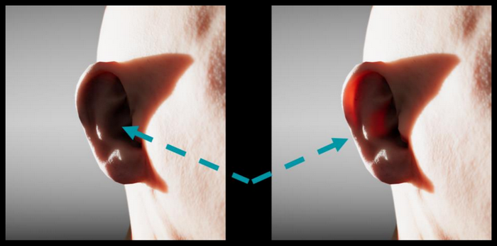 Two images of an ear in very bright light. Light is visible through he ear on the right.