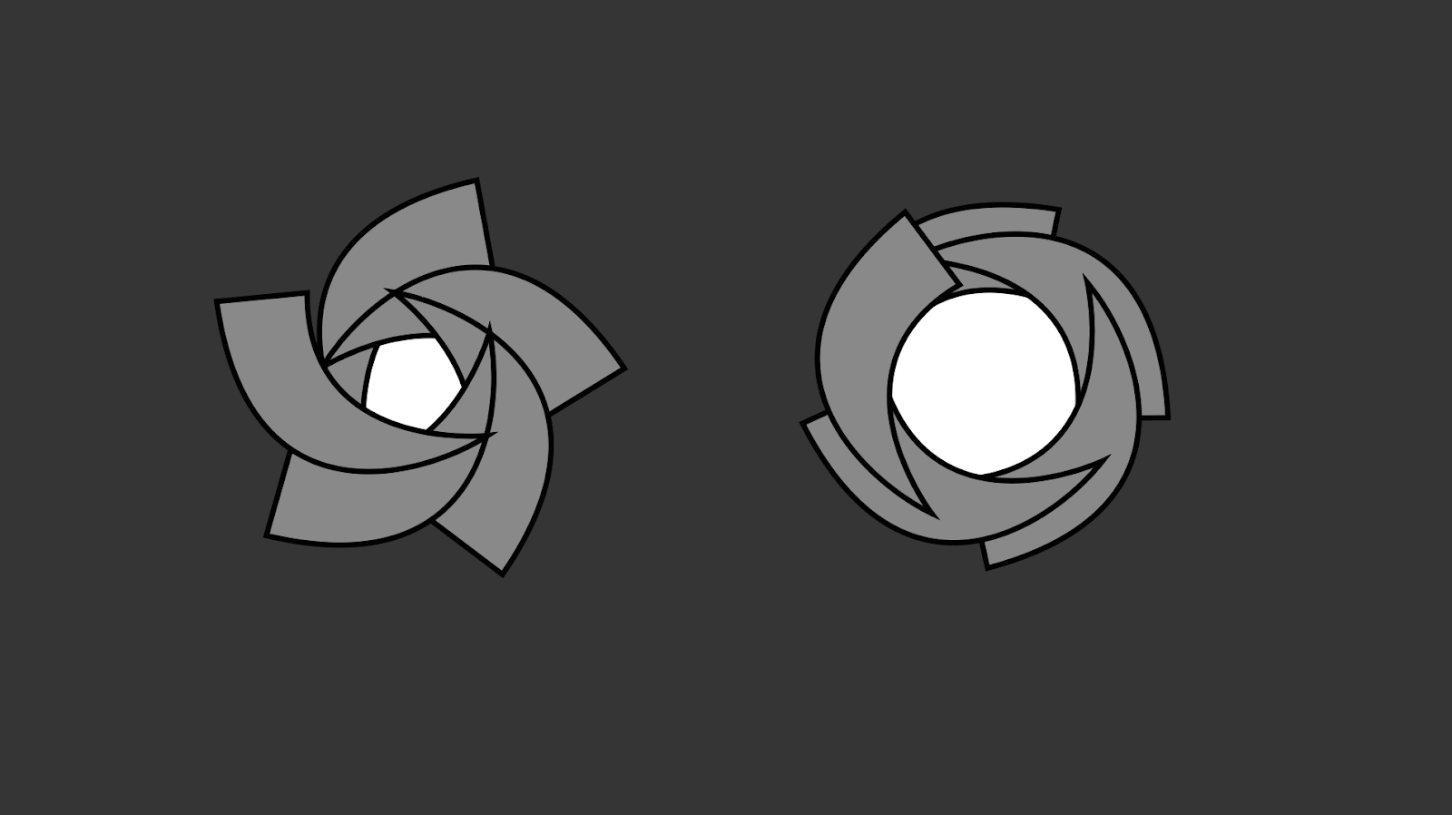 This example shows how the Blade Count and Curvature properties affect the shape of the bokeh. On the left side, there's a five blade iris that's slightly open, producing a pentagonal bokeh. On the right side, there's a five blade iris that's wide open, producing a circular bokeh.