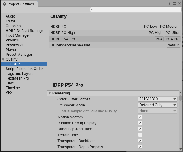 HDRP Quality Settings Panel