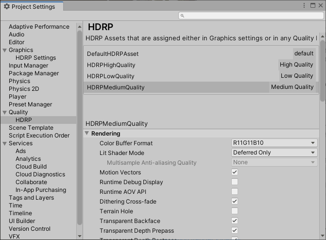 HDRP Quality Settings Panel