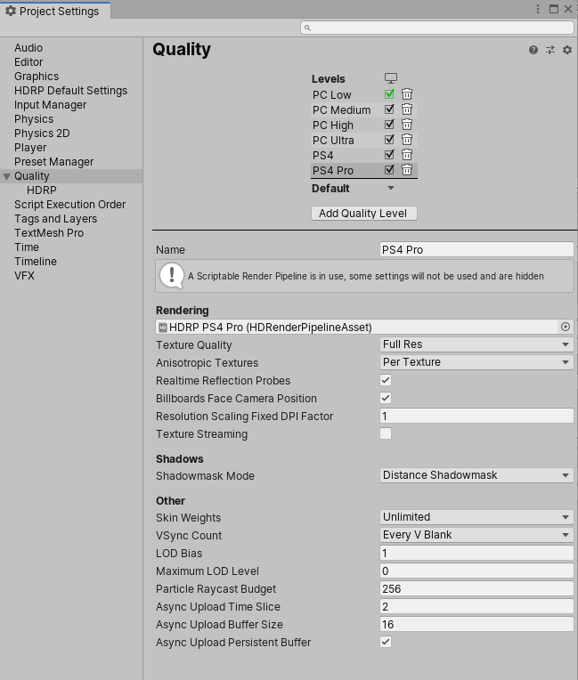 Quality Settings Panel