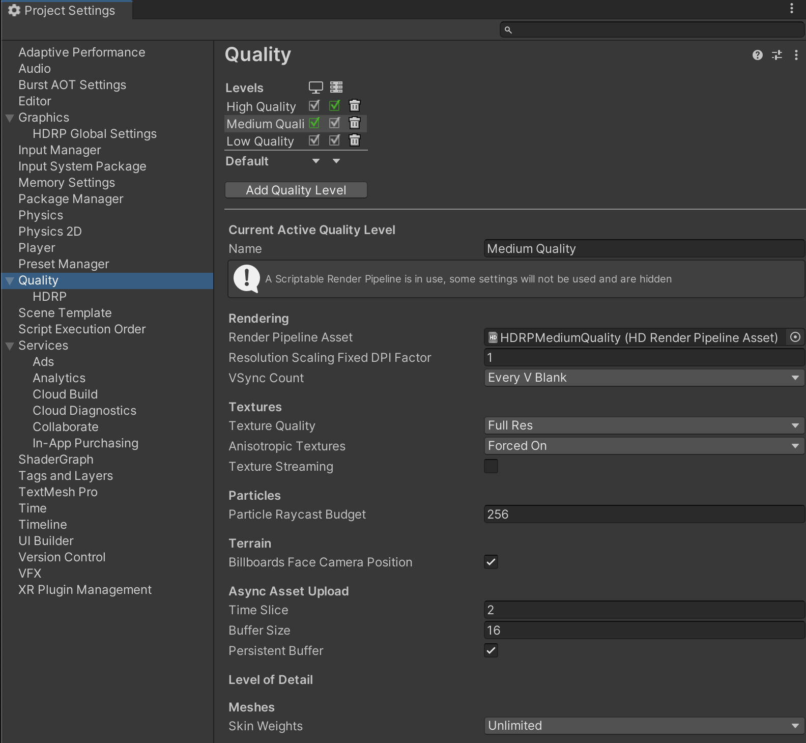 Quality Settings Panel