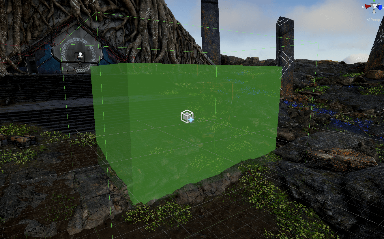 A Custom Pass Volume visualised using a Box Collider, with its fade radius visualised as a wireframe box.