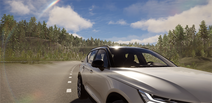 A car on a forest road, viewed from the front looking over the hood. Bright spots and rings are visible on the car and on the camera lens.