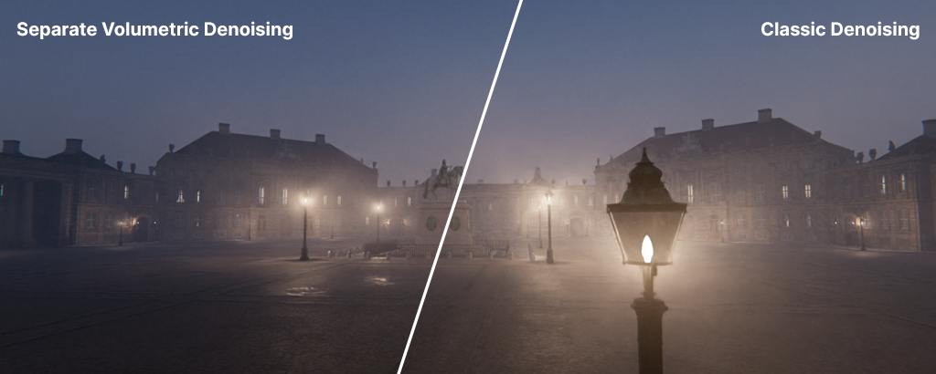 A foggy town square scene, with separate volumetric fog denoising on the left that provides smoother fog.