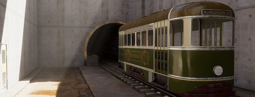 A vintage railway carriage in sharp detail on a railway track.