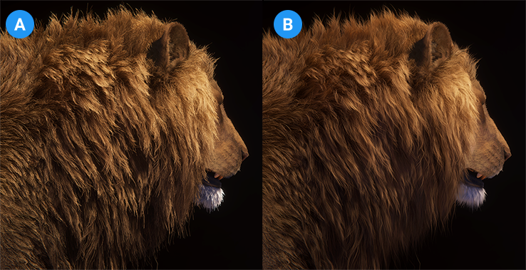 A: The head of a lion, where the mane looks rougher. B: The same lion, where the main looks softer and smoother.