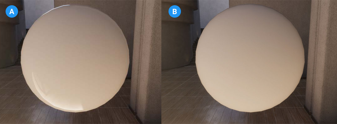 A: A white sphere with specular light at its top-left and bottom-left edges. B: The same sphere, with no specular light.