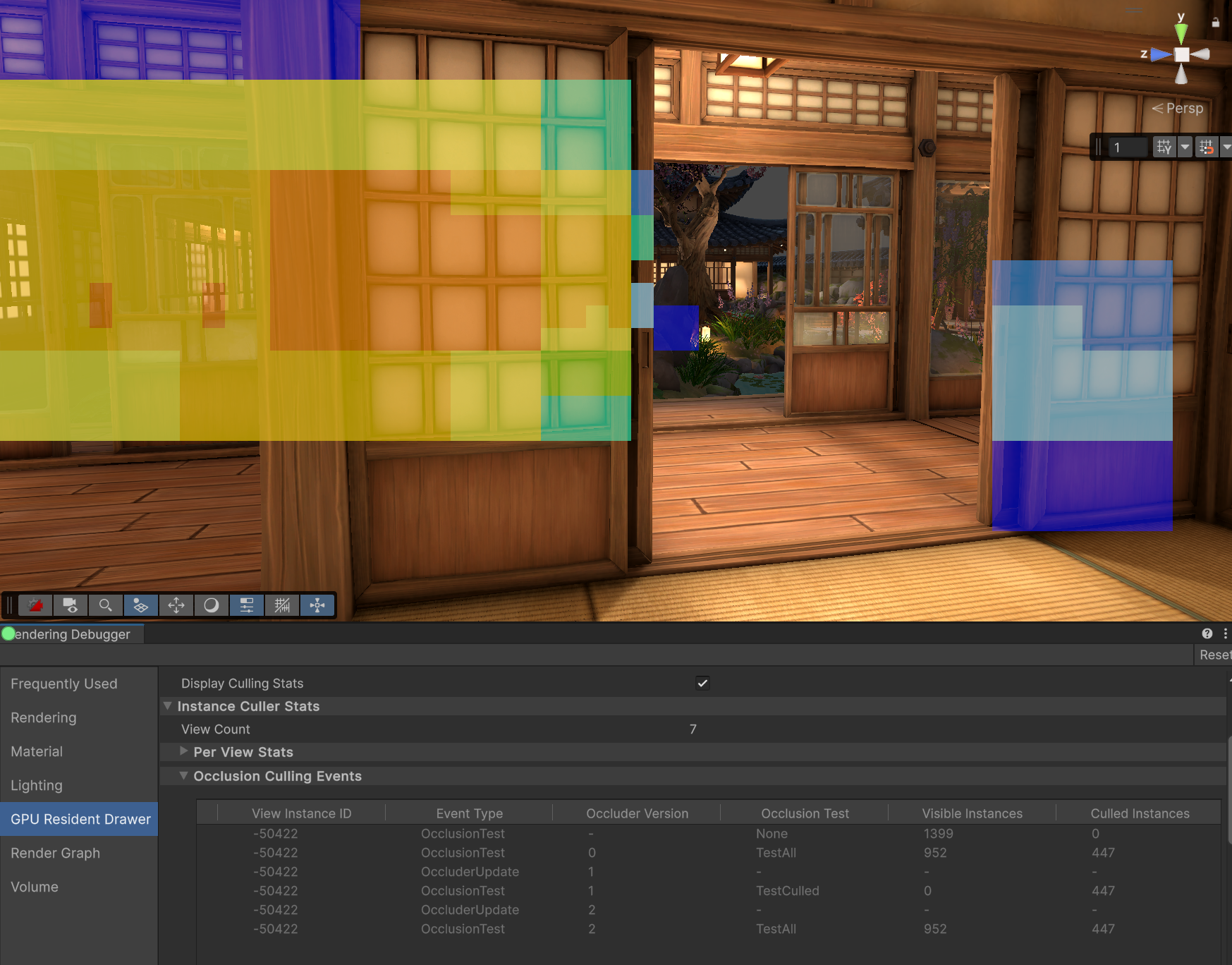 The Rendering Debugger displaying occlusion culling information.
