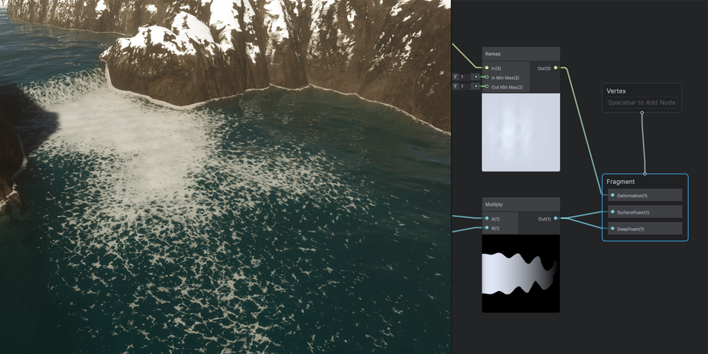 A shader graph with a Water Decal target, and the effect it produces on a lake.