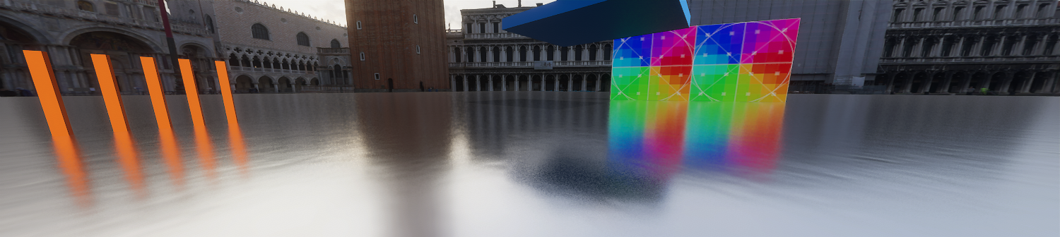 Split-screen 3D render of a flooded Venetian street during high tide, with buildings reflected in the water. The left side shows four orange vertical beams reflected on the water surface. On the right side are two slanted color calibration patterns reflected on the water surface.