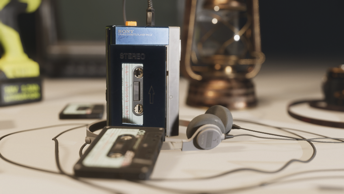A highly detailed render of a cassette player on a desk, with a depth of field effect that makes surfaces blurry towards and away from the camera.