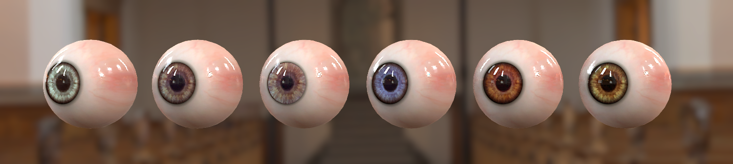 Six floating eyeballs, each with a different-colored iris and a different-sized limbus.