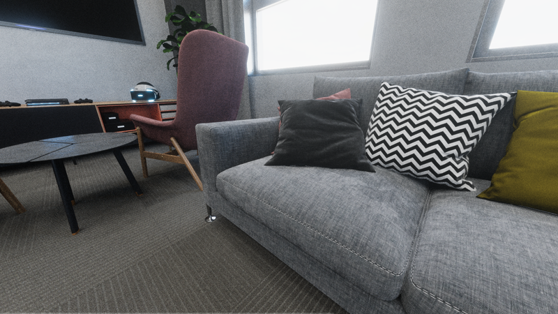 A high-definition living room scene, with highly realistic textures on the sofa, chair, and cushions.