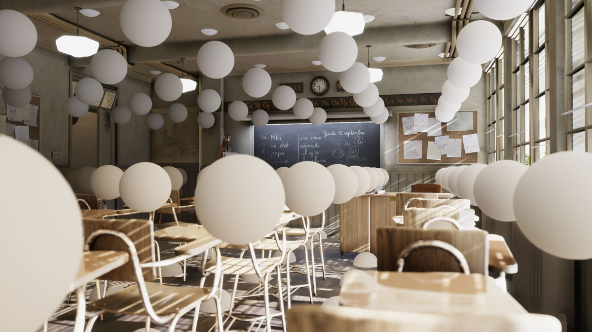 A classroom scene, with a 3D grid of Probe Volume probes represented as white spheres throughout the scene.