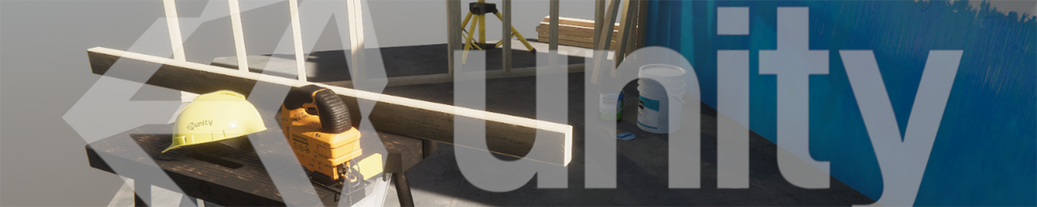 A sample scene of a workshop, with the Unity logo composited on top.