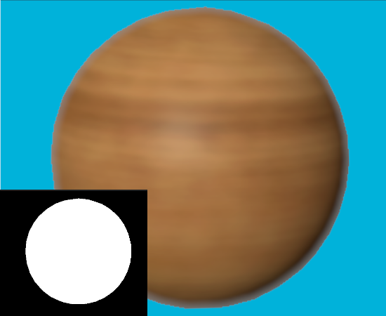 An out-of-focus sphere composited over a solid blue background using AlphaCopy. In this case, DoF isn't applied in the alpha channel, resulting in a sharp outline around the composited sphere.